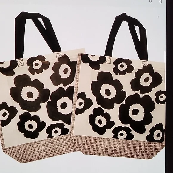 COPY - FLOWER POWER REUSABLE TOTES SIZE LARGE (12 X 4 X 10) BLACK/WHITE - Picture 1 of 5